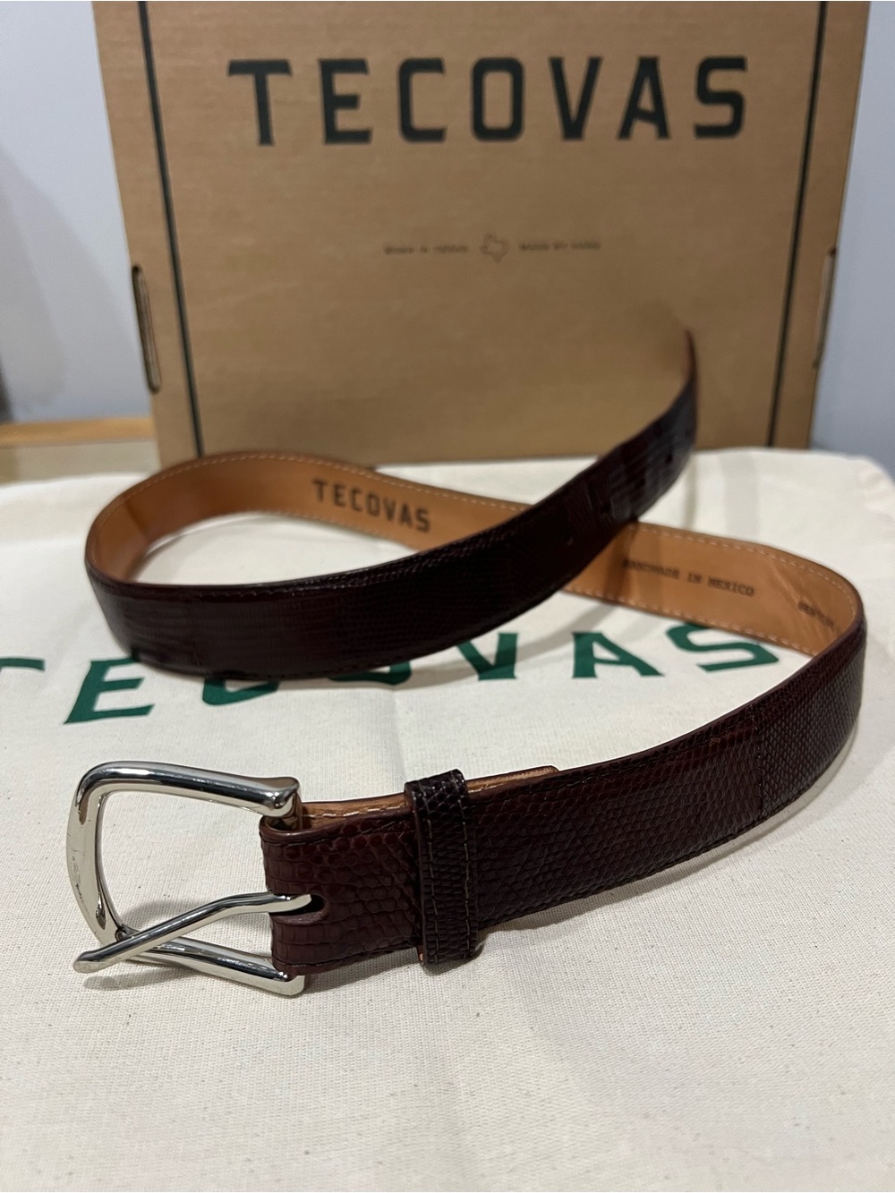 Tecovas Men’s Brown lizard  Leather Belt -  Dark Brown size 34